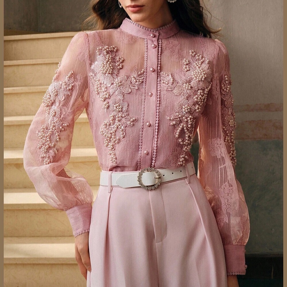 Dusty Pink Sheer Organza Pearl Floral Applique Stand Collar Blouse